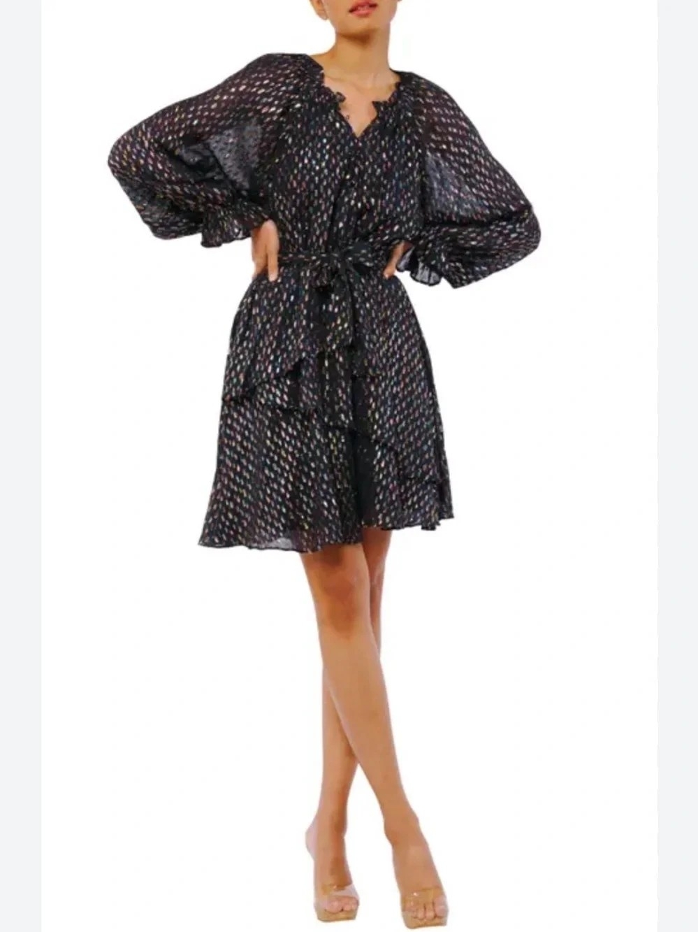 Ciebon Kerina Navy Metallic Tie Waist Dress Whimsigoth Fairycore Party XS